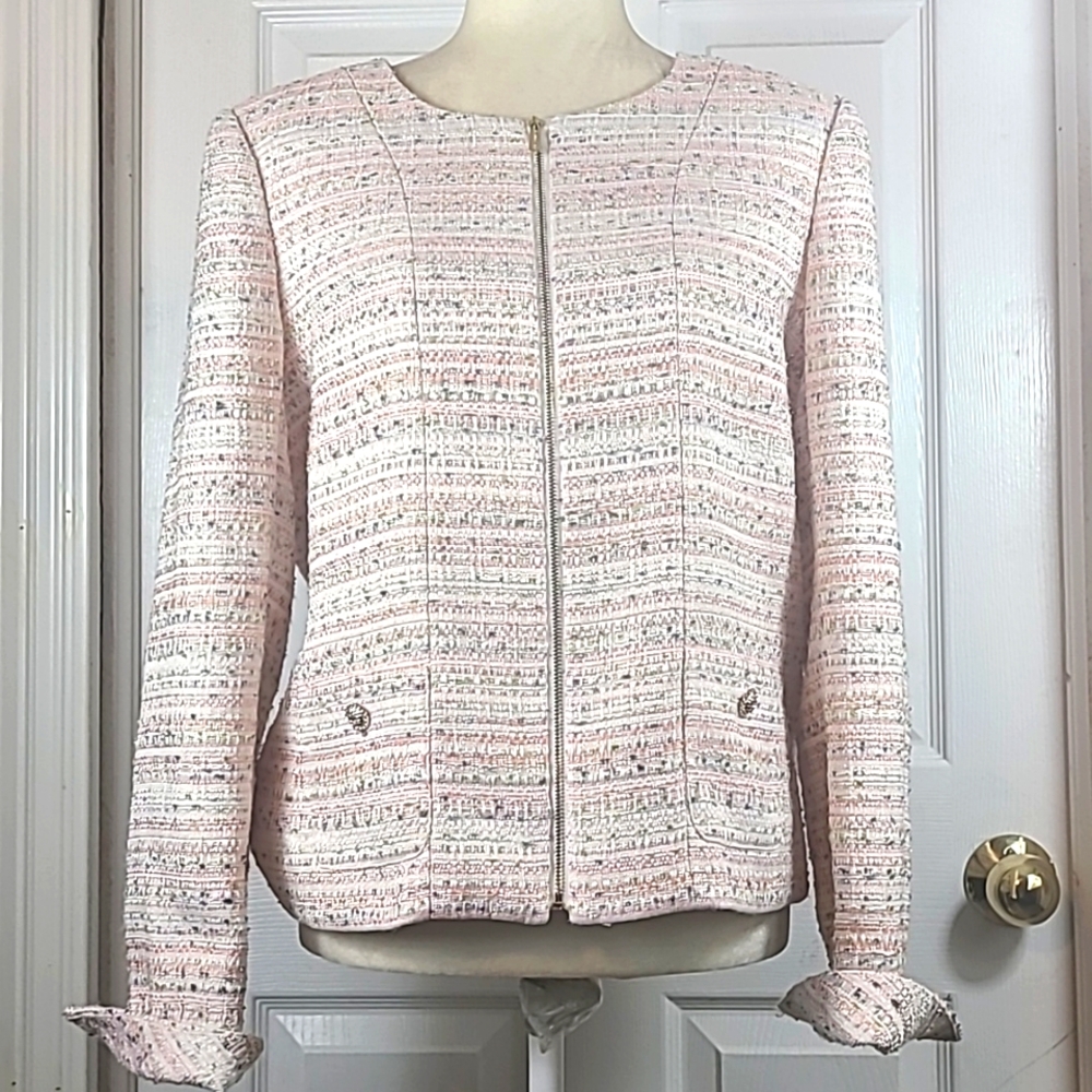 Karl Lagerfeld Pink Tweed Zip Front Blazer